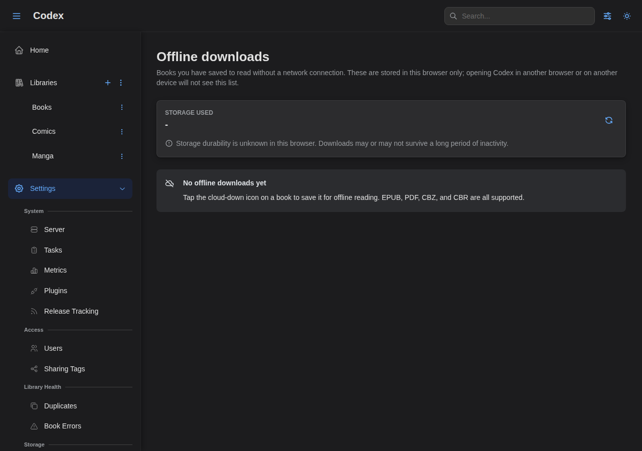 Offline downloads settings page with the storage meter and empty state